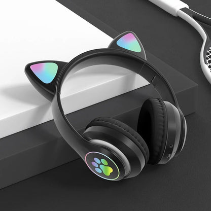 Casque stéréo Bluetooth sans fil oreilles de chat électroluminescents avec support carte TF - تنزوت