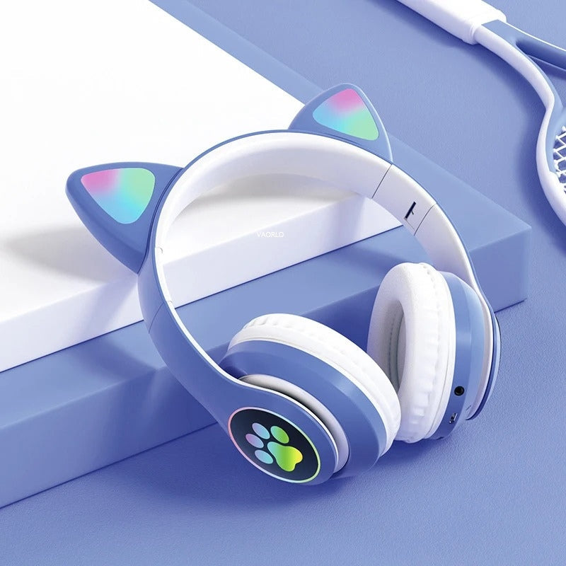 Casque stéréo Bluetooth sans fil oreilles de chat électroluminescents avec support carte TF - تنزوت