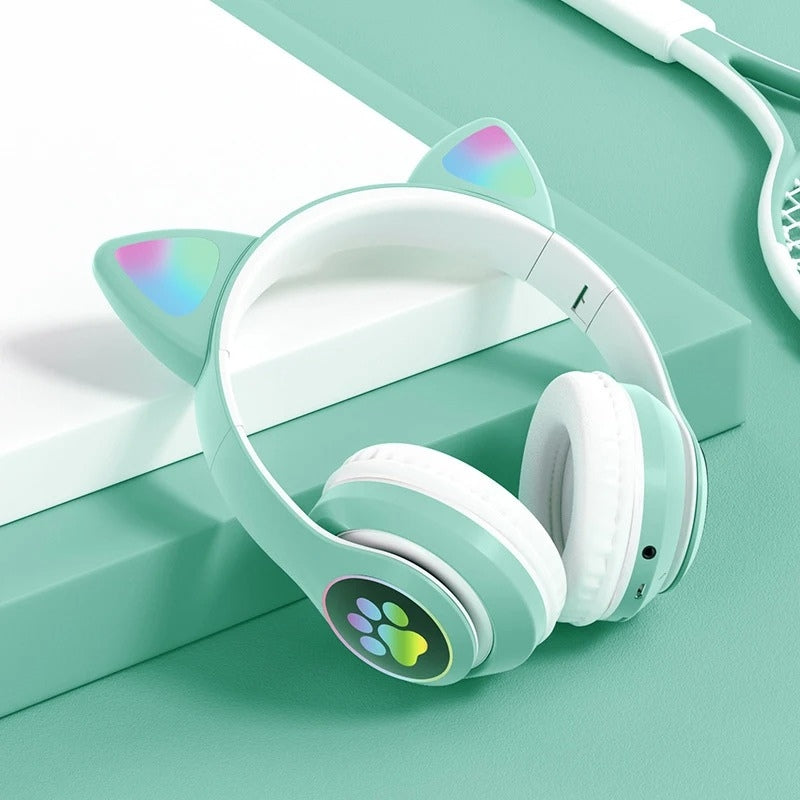 Casque stéréo Bluetooth sans fil oreilles de chat électroluminescents avec support carte TF - تنزوت