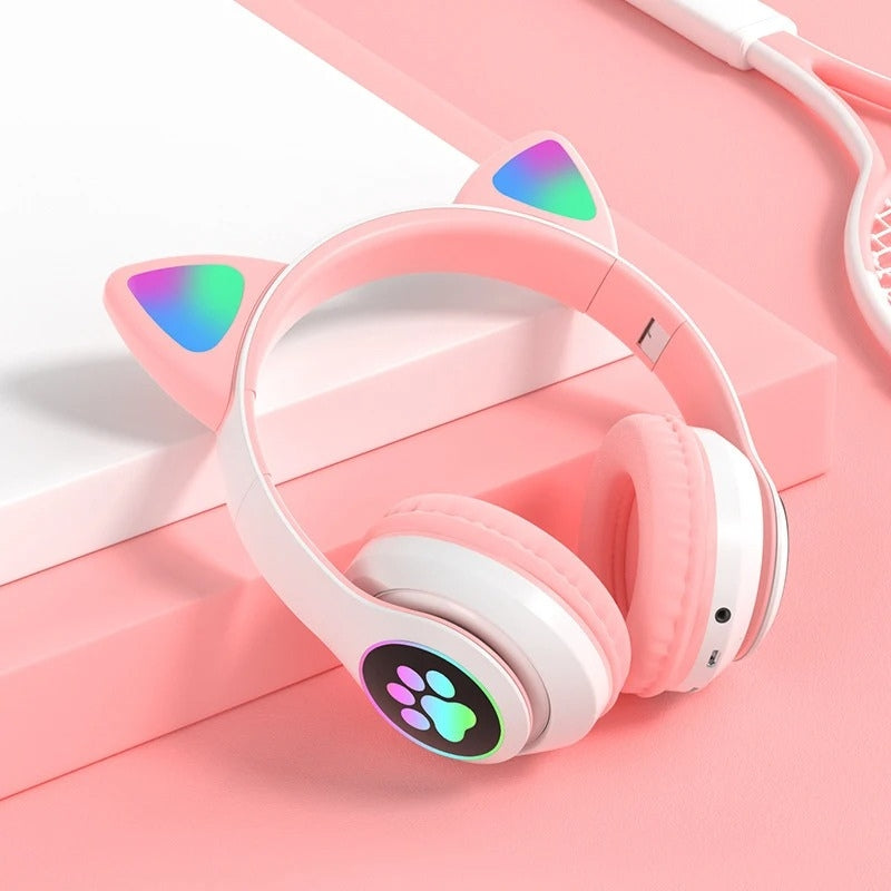 Casque stéréo Bluetooth sans fil oreilles de chat électroluminescents avec support carte TF - تنزوت