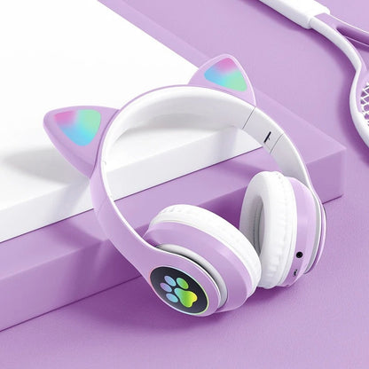 Casque stéréo Bluetooth sans fil oreilles de chat électroluminescents avec support carte TF - تنزوت