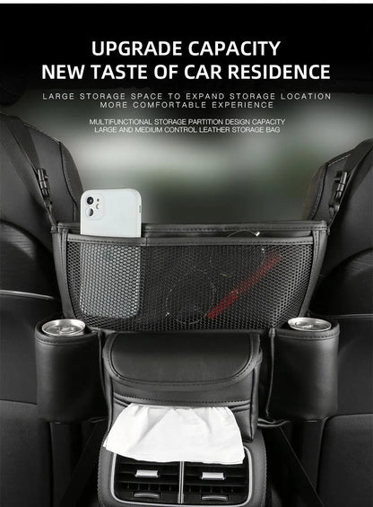 Sac de rangement en cuir pour siège de voiture, cintre central, sac à main automatique, support entre les sièges, poches pour gobelets à eau en tissu, évaluation de rangement - تنزوت