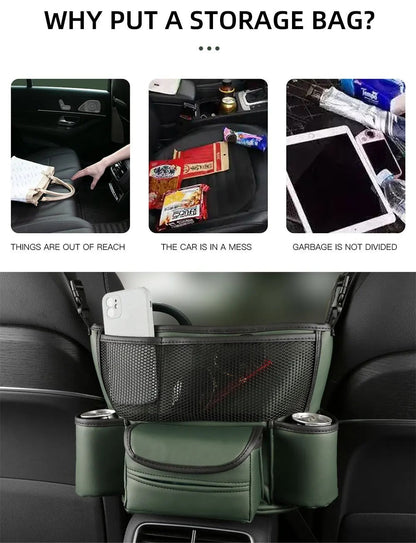 Sac de rangement en cuir pour siège de voiture, cintre central, sac à main automatique, support entre les sièges, poches pour gobelets à eau en tissu, évaluation de rangement - تنزوت