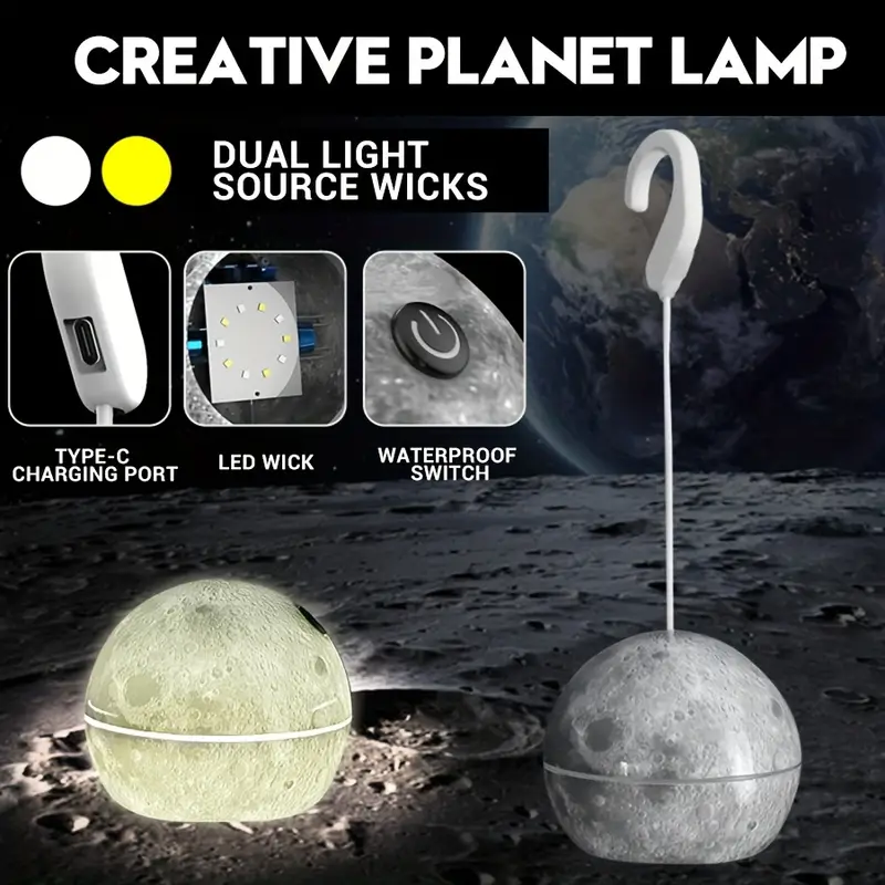 Lampe Led Suspendue En Forme De Boule Décorative, Rechargeable Par Usb, Pour Camping Intérieur Et Extérieur, En Forme De Lune Ou De Terre, 1 Pièce تنزوت