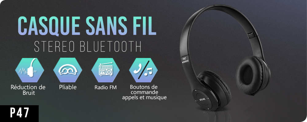 Casque Audio Stereo Bluetooth sans fil modèle P47 pliable - تنزوت
