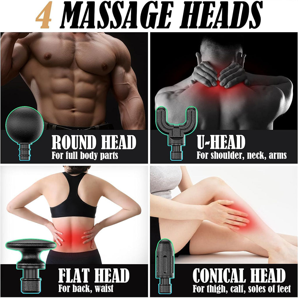 Pistolet de massage poignée allongée avec 4 têtes, 3 modes et 6 niveaux – جهاز تدليك الجسم تنزوت
