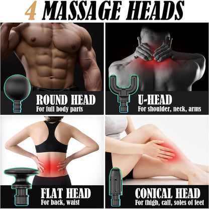 Pistolet de massage poignée allongée avec 4 têtes, 3 modes et 6 niveaux – جهاز تدليك الجسم تنزوت