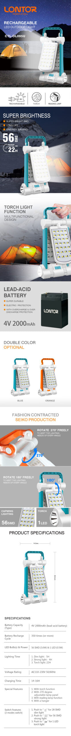 Lanterne de camping LED rechargeable LONTOR avec port DC CTL-OL095U تنزوت