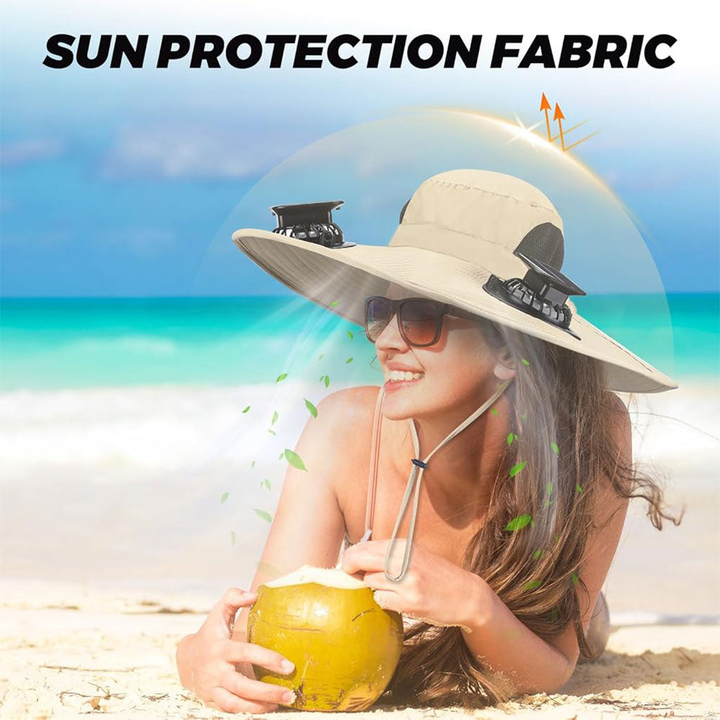 Chapeau de soleil à large bord avec double ventilateur – قبعة للحماية من الشمس مع مروحات تنزوت