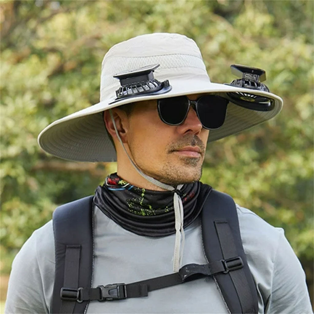 Chapeau de soleil à large bord avec double ventilateur – قبعة للحماية من الشمس مع مروحات تنزوت