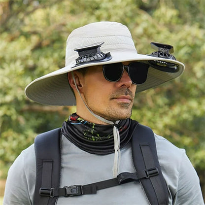 Chapeau de soleil à large bord avec double ventilateur – قبعة للحماية من الشمس مع مروحات تنزوت