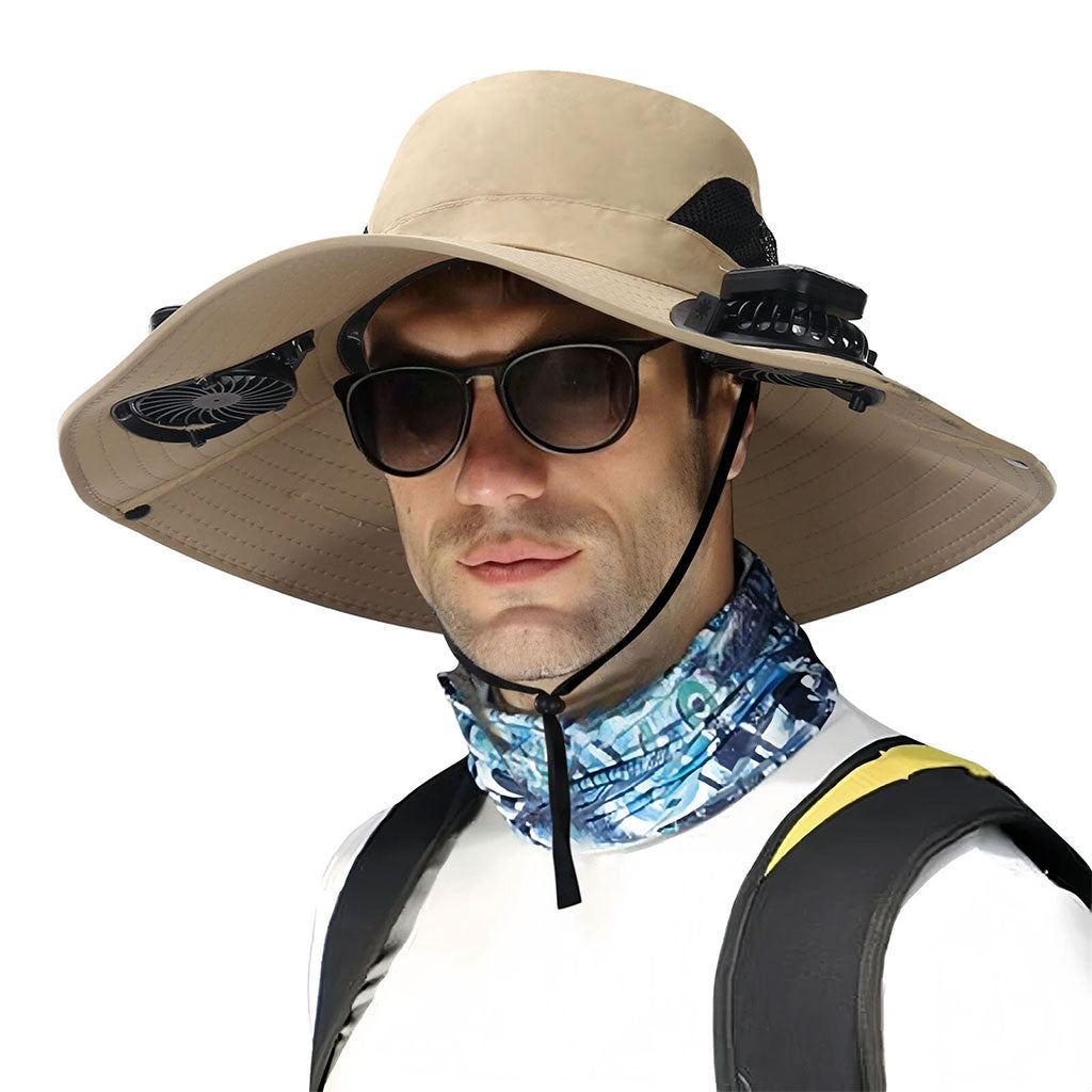 Chapeau de soleil à large bord avec double ventilateur – قبعة للحماية من الشمس مع مروحات تنزوت