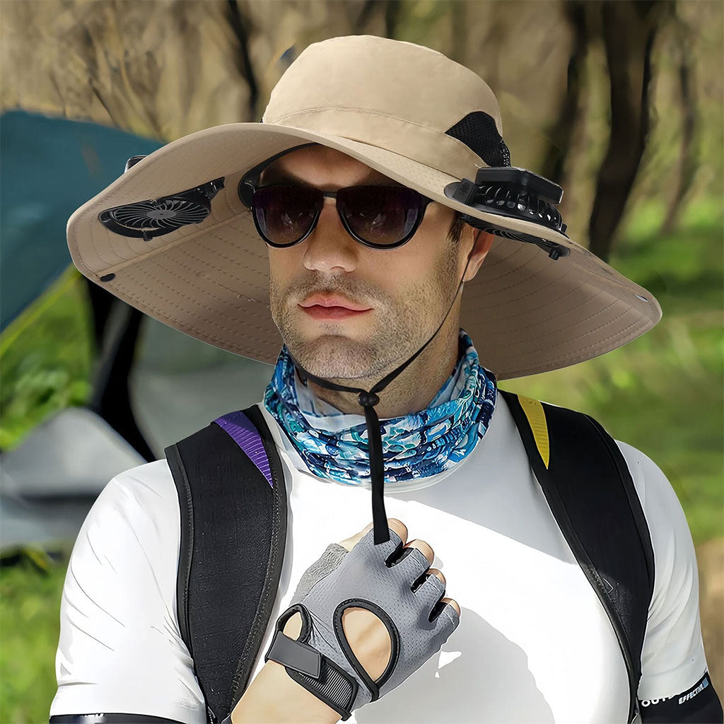 Chapeau de soleil à large bord avec double ventilateur – قبعة للحماية من الشمس مع مروحات تنزوت